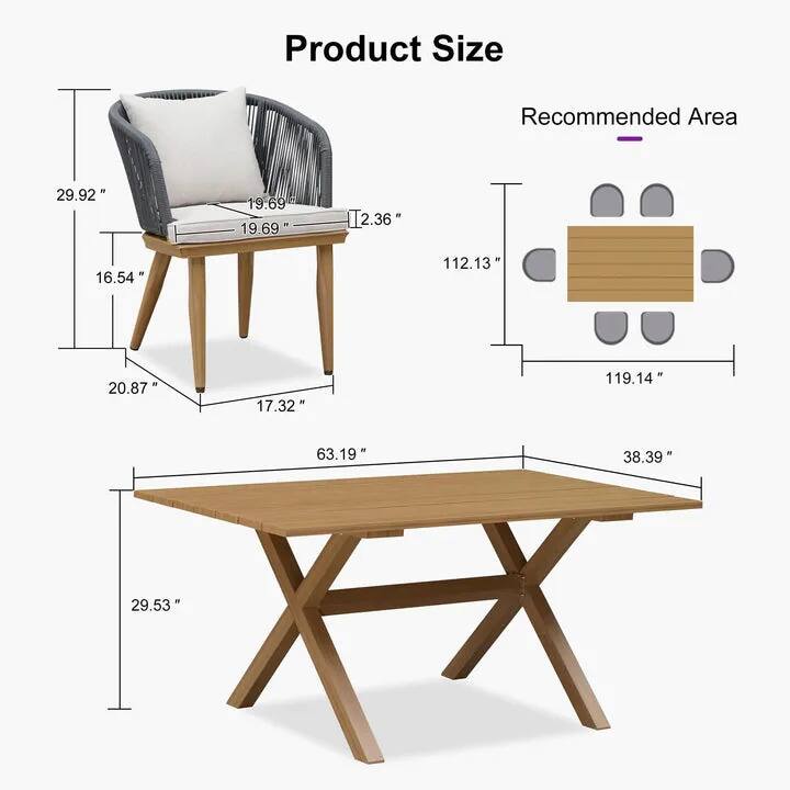 Product Size  
29.92"  
19.69"  
19.69"  
2.36"  
16.54"  
20.87"  
17.32"  
63.19"  
29.53"  

Recommended Area  
112.13"  
119.14"  
38.39"