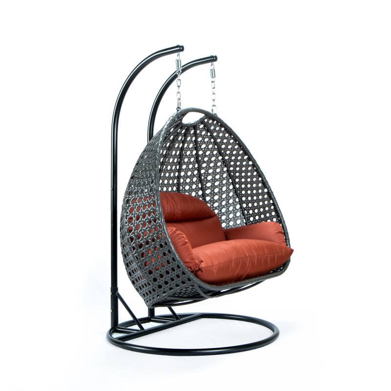Back. LeisureMod - Leisuremod Outdoor 2-Person Charcoal Wicker Egg Swing Chair with Steel Stand, Washable Cushions & Waterproof Cover - Dark Orange.