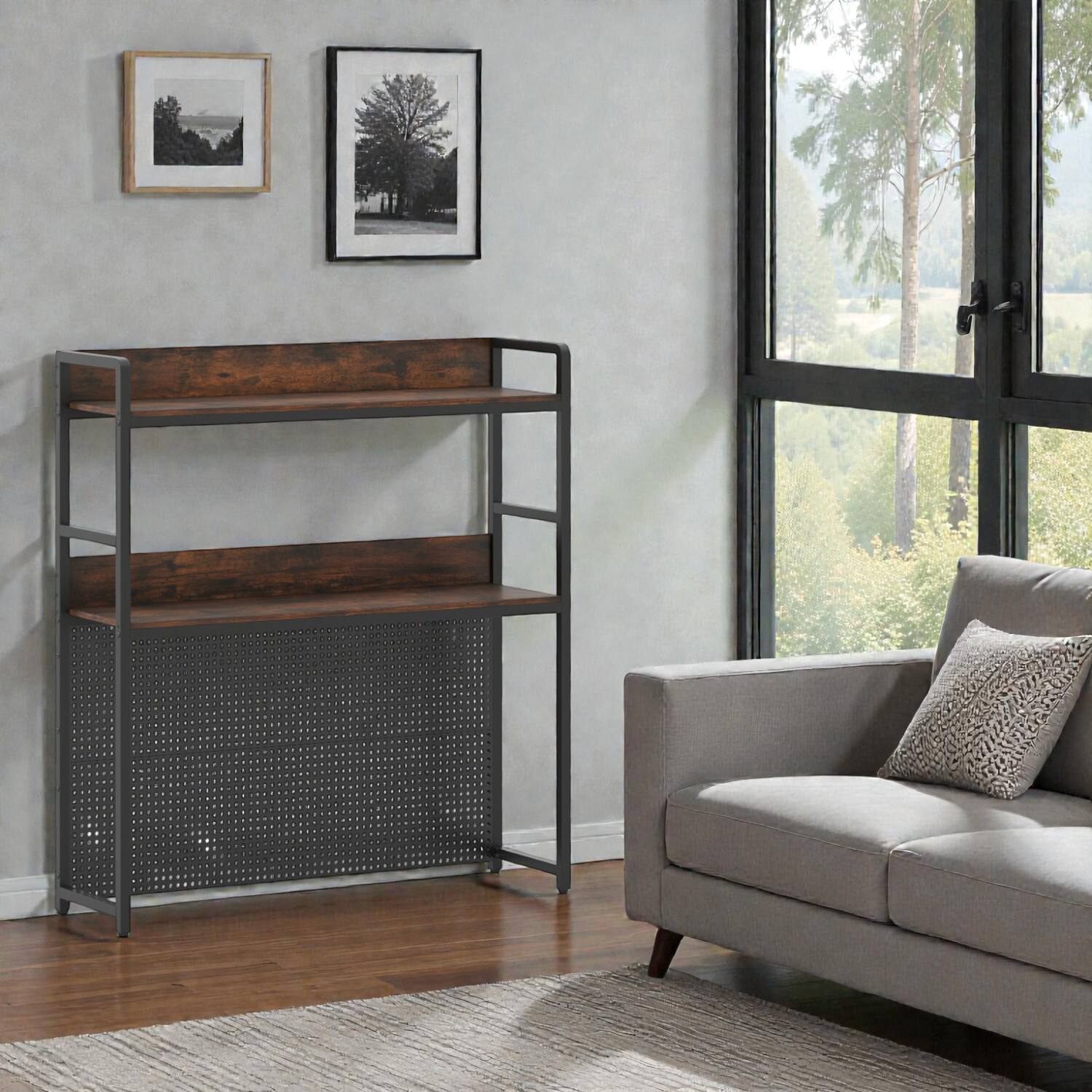 Front. Hivvago - Multifunctional Desk Shelf with Pegboard and Two Storage Levels - Rustic Brown.