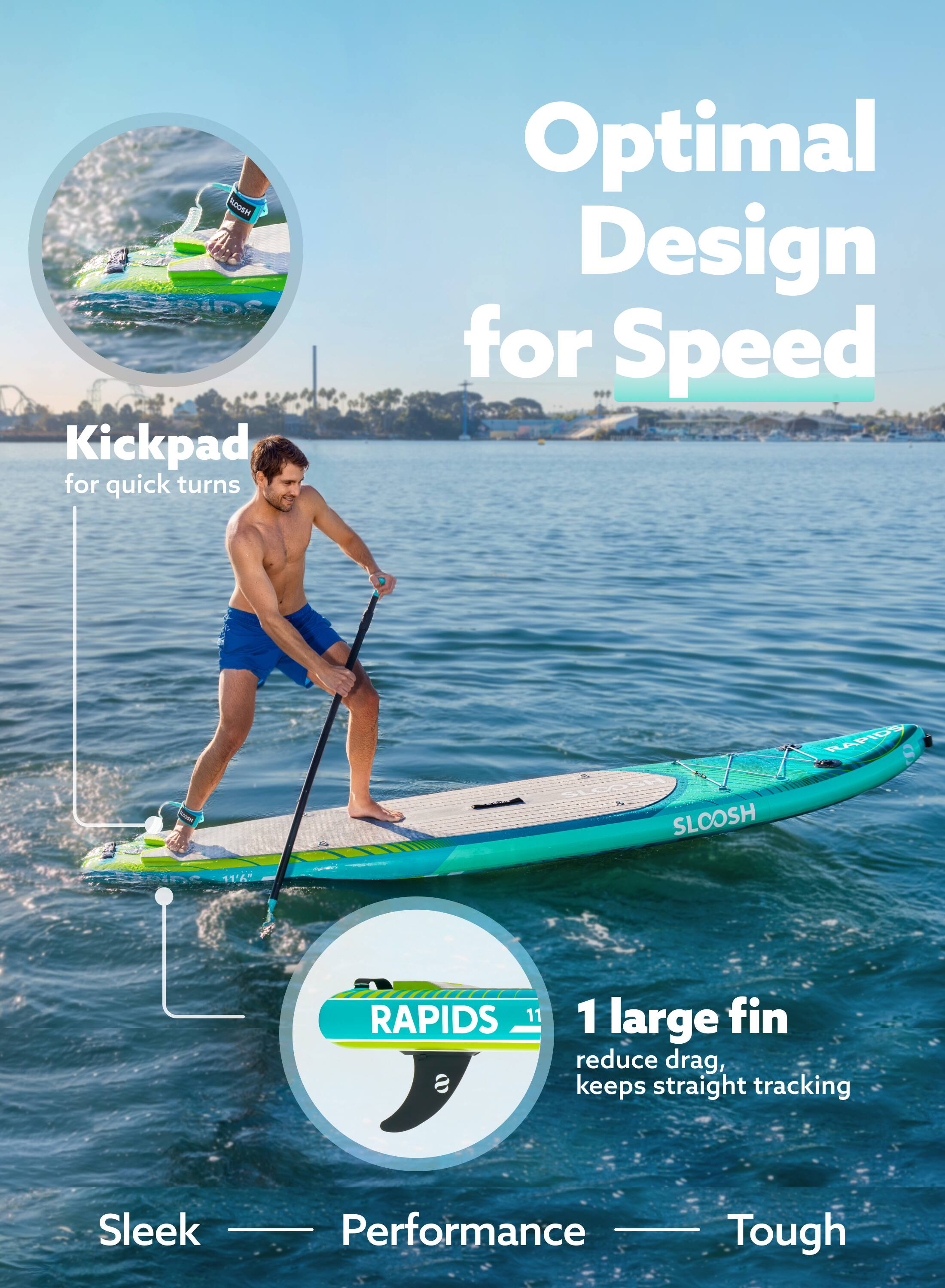 AGDM Kickpad for quick turns  
Optimal Design for Speed  
SLOOSH  
RAPIDS 11"  
1 large fin reduce drag, keeps straight tracking  
Sleek Performance Tough
