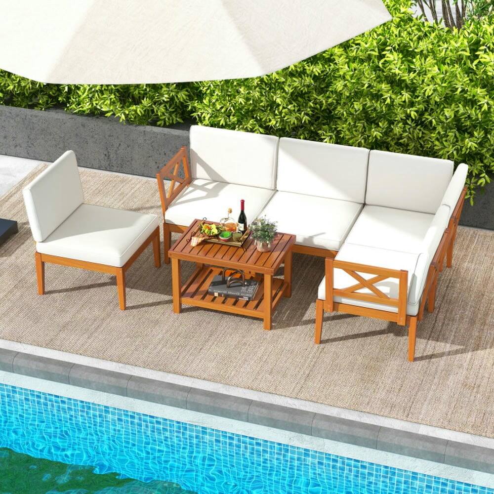 Back. Kadyn - Outdoor & Patio Furniture Sets,6 Pieces Acacia Wood Patio Furniture Set with Cushions and 2-Tier Coffee Table-White - White.