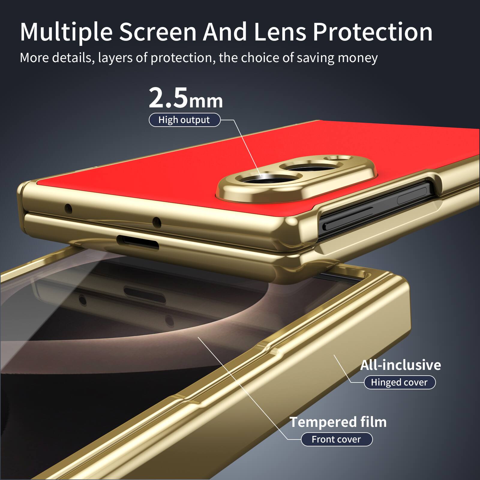 Multiple Screen And Lens Protection  
More details, layers of protection, the choice of saving money  

2.5mm  
High output  

All-inclusive  
Hinged cover  

Tempered film  
Front cover