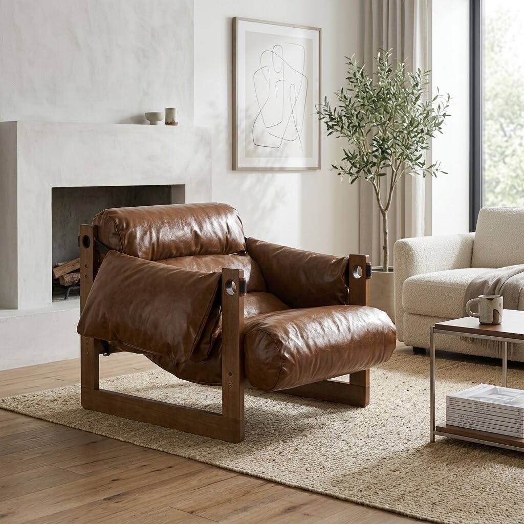 Left. E.P. Light - Vintage Solid Wood Leisure Chair - Brown.