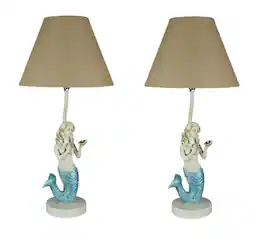 Zeckos - Set of 2 Blue Glitter Tail Mermaid Table Lamps Coastal Beach Decor Burlap Shades - Beige