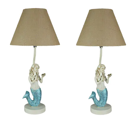 Front. Zeckos - Set of 2 Blue Glitter Tail Mermaid Table Lamps Coastal Beach Decor Burlap Shades - Beige.