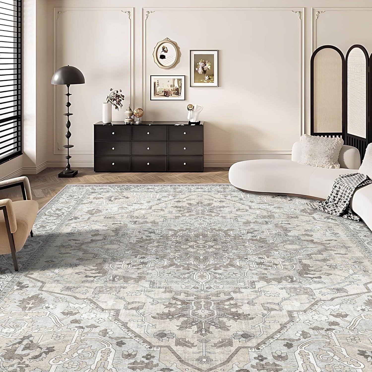 Angle. KERDOM - Extra Large Living Room Rugs 9x12 ft Washable Boho Vintage Bedroom Carpet with Non Slip Rubber Back Under Dining Table - Beige.