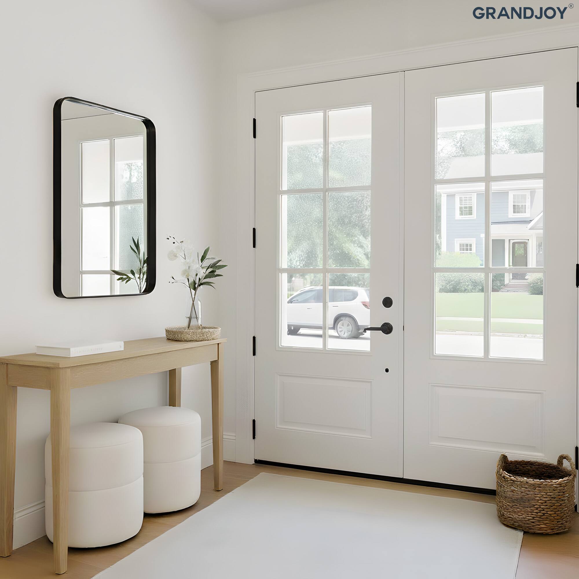 Back. GRANDJOY - Black Bathroom Mirror for Wall, Rounded Rectangle Vanity Mirror, Modern Decorative for Bathroom - 24" * 32".