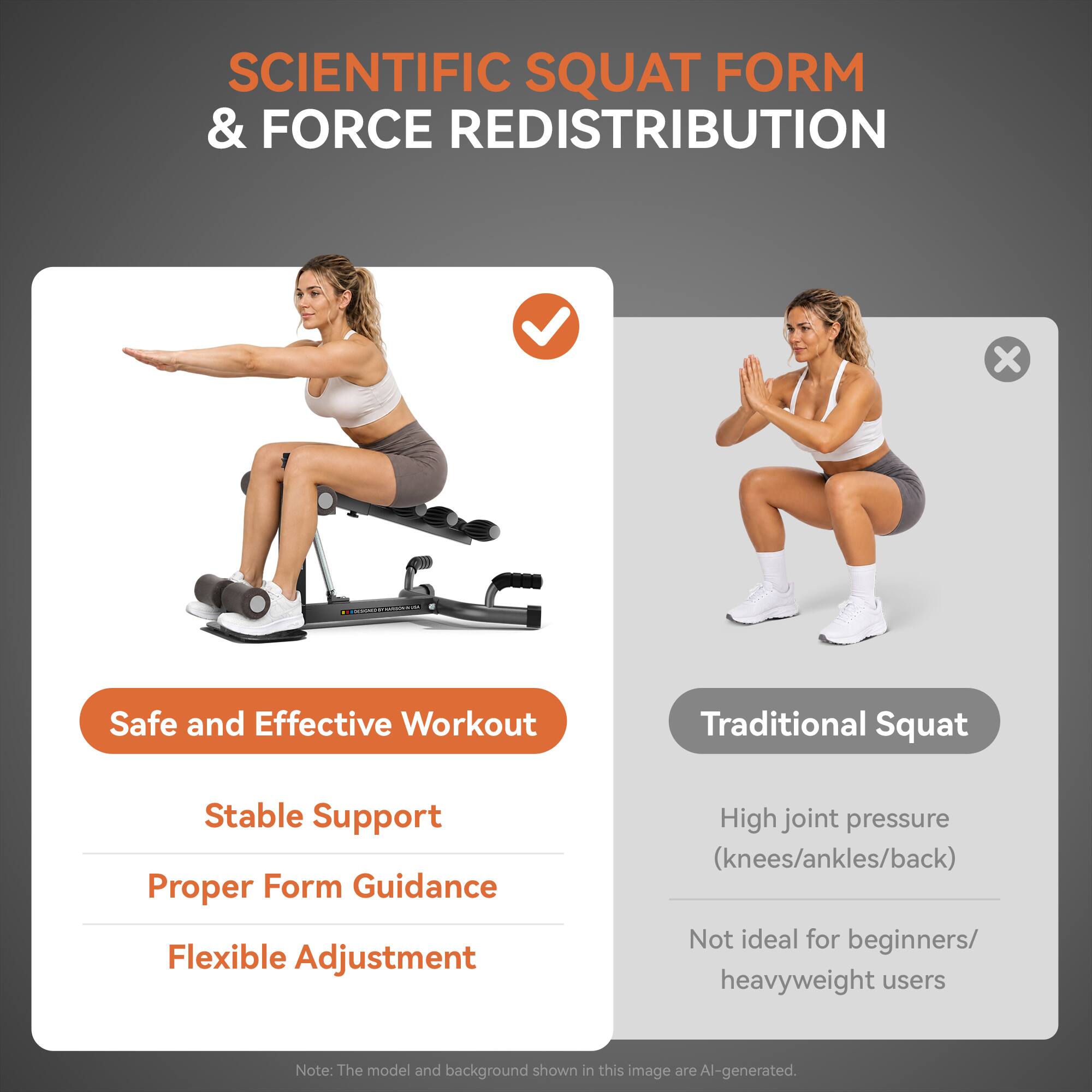 SCIENTIFIC SQUAT FORM & FORCE REDISTRIBUTION

Safe and Effective Workout
Stable Support
Proper Form Guidance
Flexible Adjustment

Traditional Squat
High joint pressure (knees/ankles/back)
Not ideal for beginners/ heavyweight users

Note: The model and background shown in this image are AI-generated.