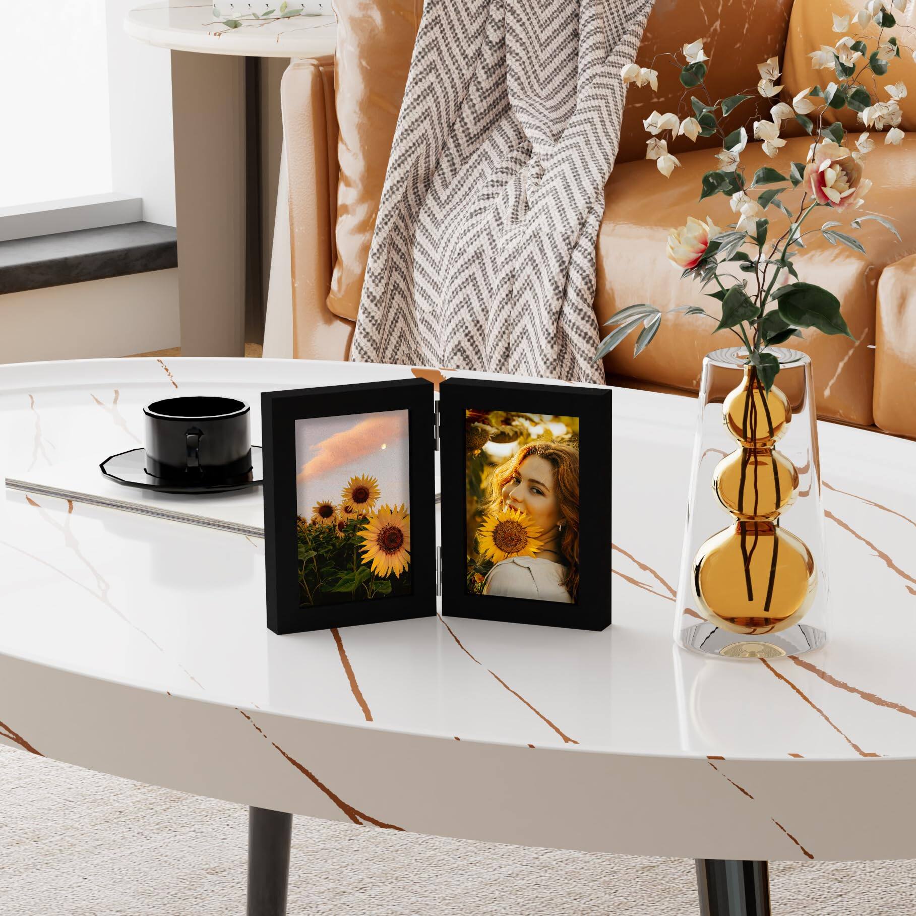 Left. PARKER SLATER - Double Picture Frame Vertical Engineered Wood Bifold Photo With Plexiglass For Tabletop Display.
