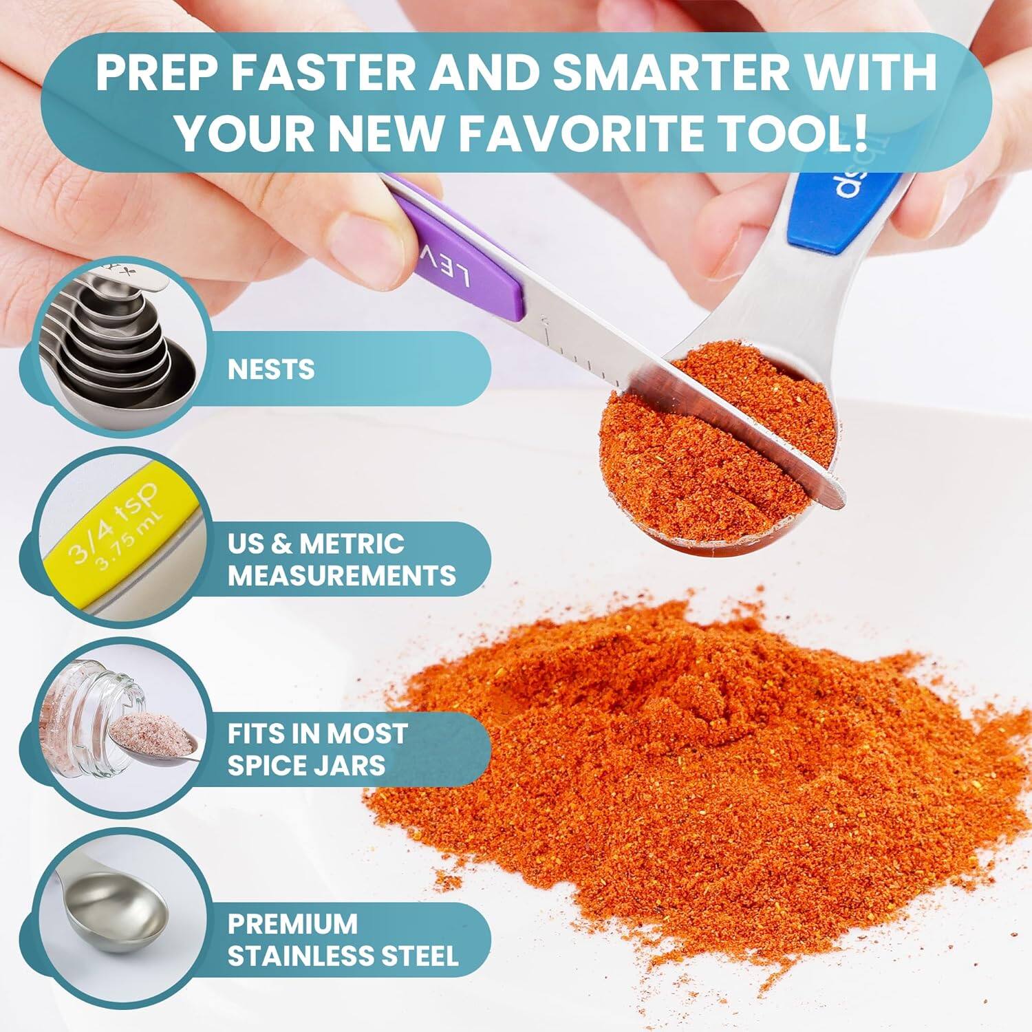 PREP FASTER AND SMARTER WITH YOUR NEW FAVORITE TOOL!

- NESTS
- US & METRIC MEASUREMENTS
- FITS IN MOST SPICE JARS
- PREMIUM STAINLESS STEEL