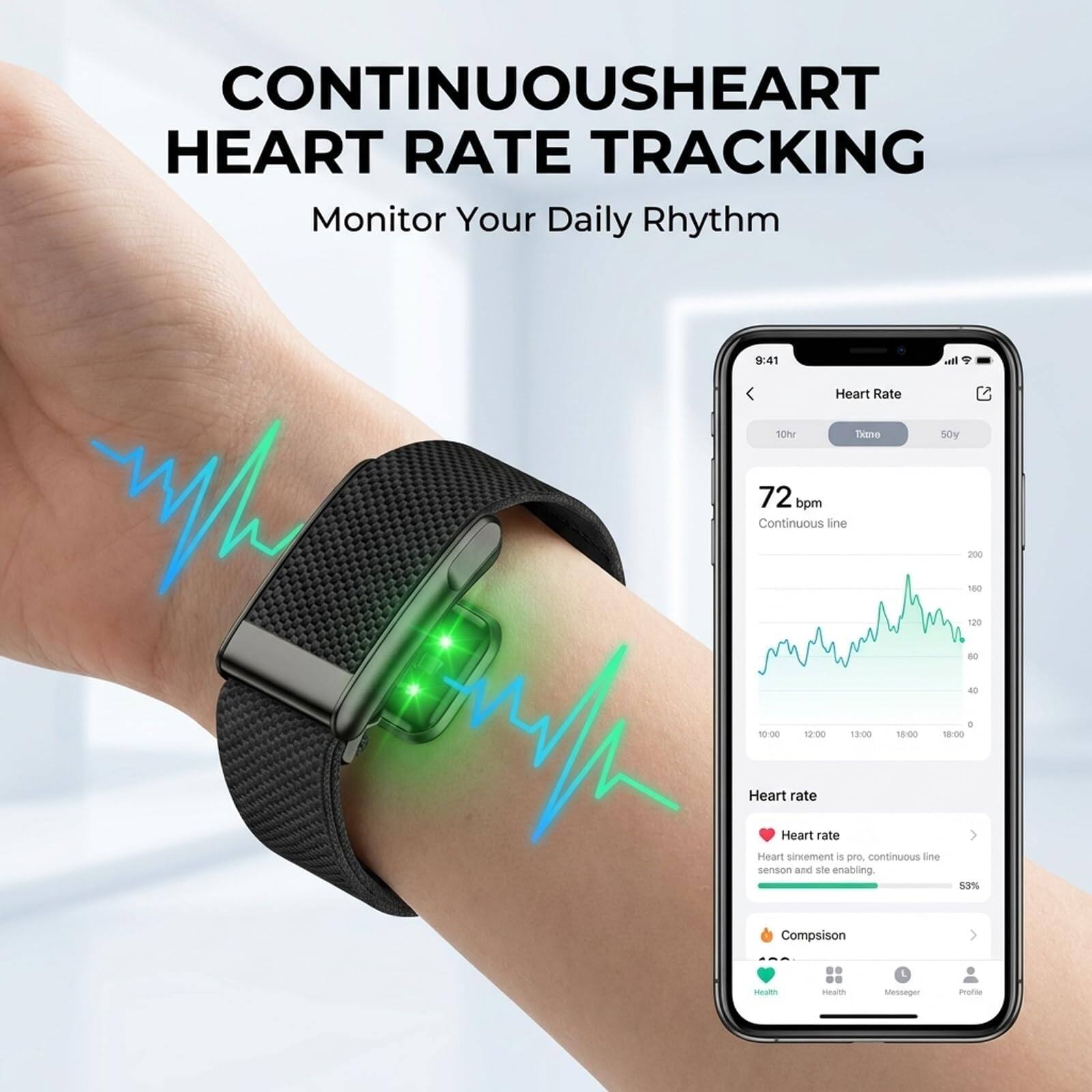 CONTINUOUS HEART RATE TRACKING  
Monitor Your Daily Rhythm  

9:41  
Heart Rate  
10hr  
72 bpm  
Continuous line  

10:00  
Heart rate  
Heart sirenment is pro, continuous line sensor and site enabling  

18:00  
Heart rate  
63%  

Comparison  
Messenger