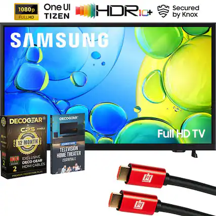 Sure, here is the corrected and grouped text from the image:
---
**1080p FULL HD**
**One UI TIZEN**
**HDR10+**
**Secured by Knox**
**SAMSUNG**
**Full HD TV**
**DECOGEAR CPS BUNDLE**
**CPS PREMIUM R**
**12 MONTH**
**CPS BEGINNER'S GUIDE**
**TELEVISION HOME THEATER ESSENTIALS**
**EXCLUSIVE DECO GEAR CABLES**
**INCLUDES 2 HDMI CABLES**
**PREMIUM PROTECTION PLAN**
**2**
---
This text is organized to reflect the information and branding visible in the image.