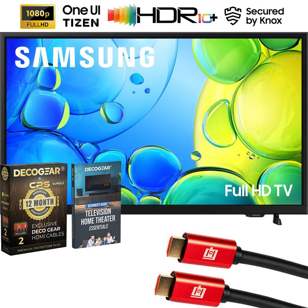 Sure, here is the corrected and grouped text from the image:

---

**1080p FULL HD**

**One UI TIZEN**

**HDR10+**

**Secured by Knox**

**SAMSUNG**

**Full HD TV**

**DECOGEAR CPS BUNDLE**

**CPS PREMIUM R**

**12 MONTH**

**CPS BEGINNER'S GUIDE**

**TELEVISION HOME THEATER ESSENTIALS**

**EXCLUSIVE DECO GEAR CABLES**

**INCLUDES 2 HDMI CABLES**

**PREMIUM PROTECTION PLAN**

**2**

---

This text is organized to reflect the information and branding visible in the image.