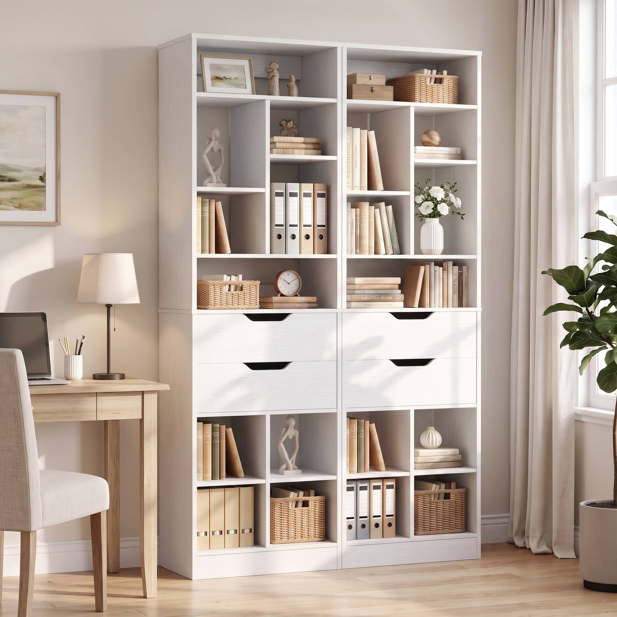 Aheaplus - 80" Tall Narrow 2-Piece Bookshelf Set with 2 Drawers, 10-Shelf Storage Organizer for Small Spaces - White