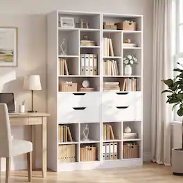 Aheaplus - 80" Tall Narrow 2-Piece Bookshelf Set with 2 Drawers, 10-Shelf Storage Organizer for Small Spaces - White