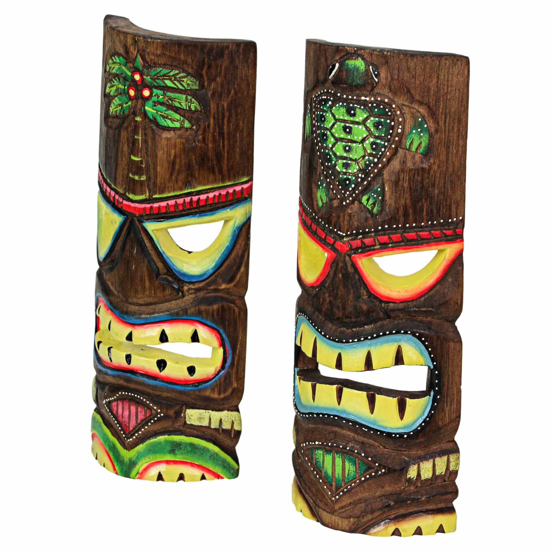 Alt View 2. Things2Die4 - 12 Inch Wood Hand Carved Tiki Mask Wall Art Palm Tree And Turtle Tropical Beach Home Decor Set of 2 - Multicolored.