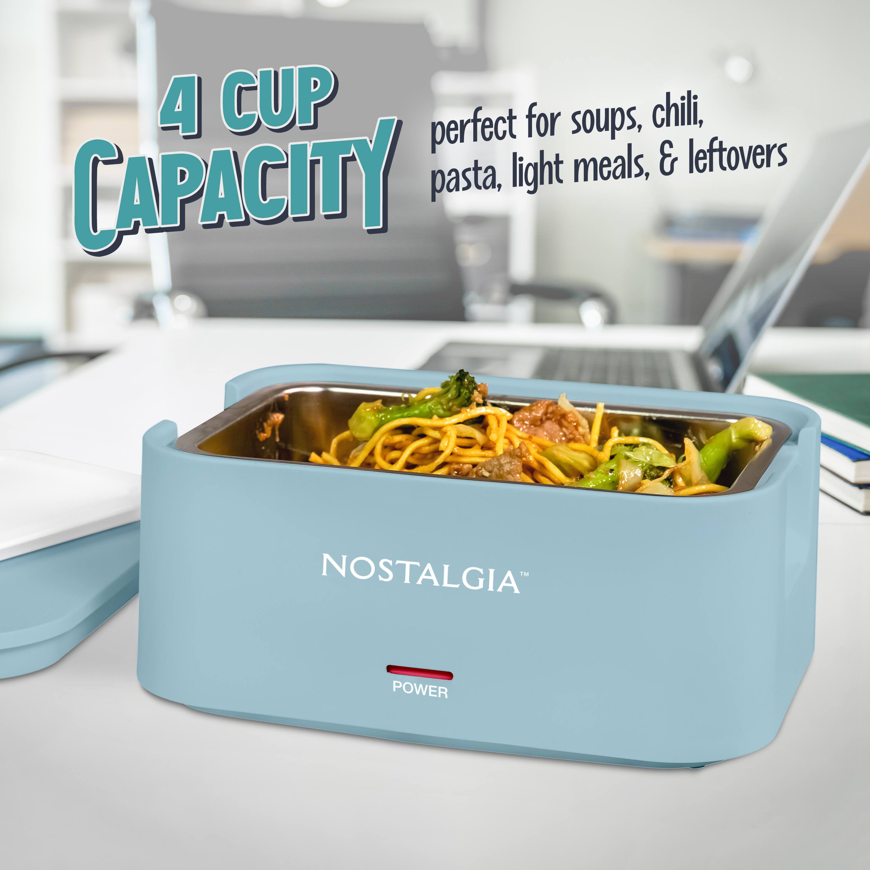 4 CUP CAPACITY  
perfect for soups, chili, pasta, light meals, & leftovers  
NOSTALGIA™  
POWER