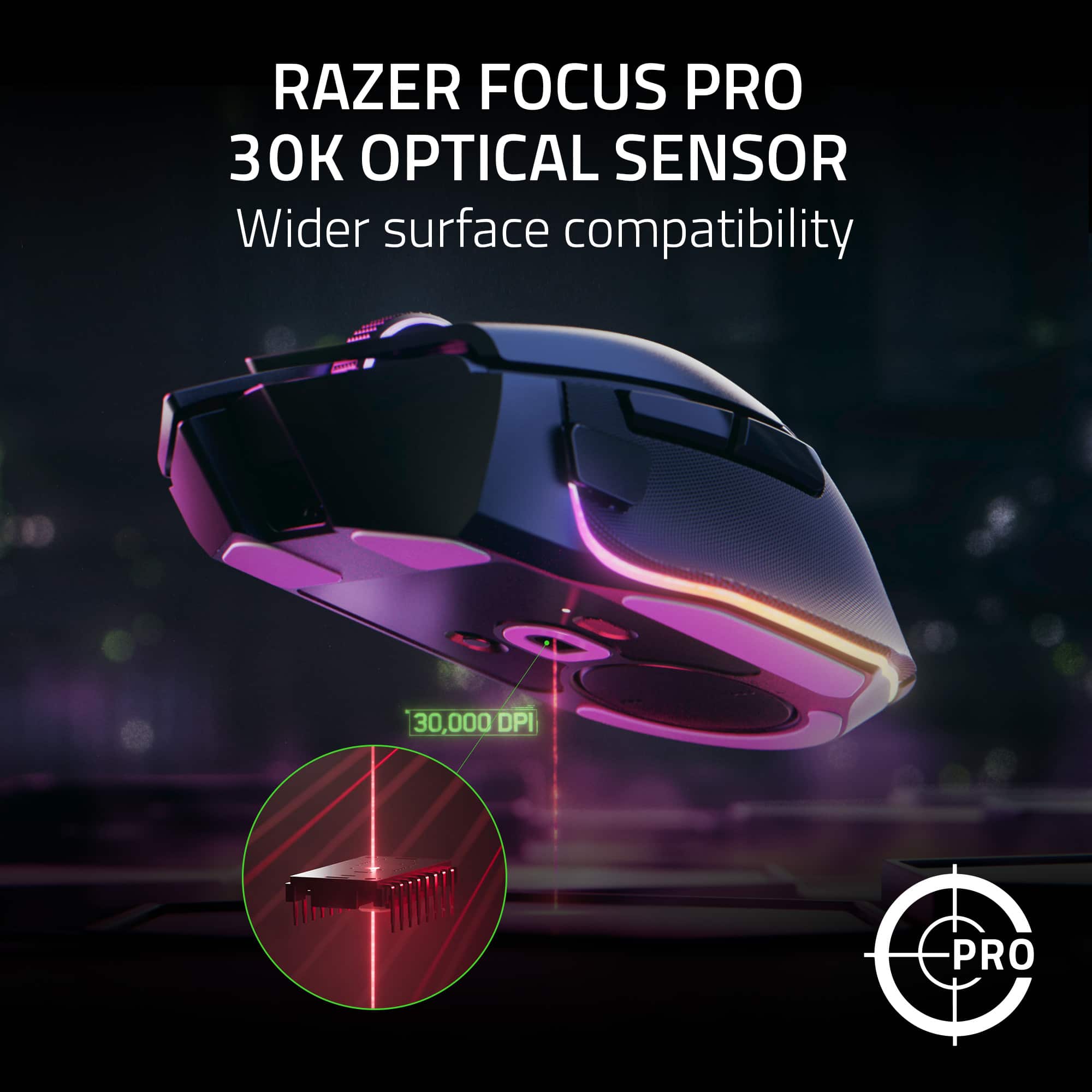 RAZER FOCUS PRO 30K OPTICAL SENSOR Wider surface compatibility FHCCEN - - 30,000 DPI C PRO