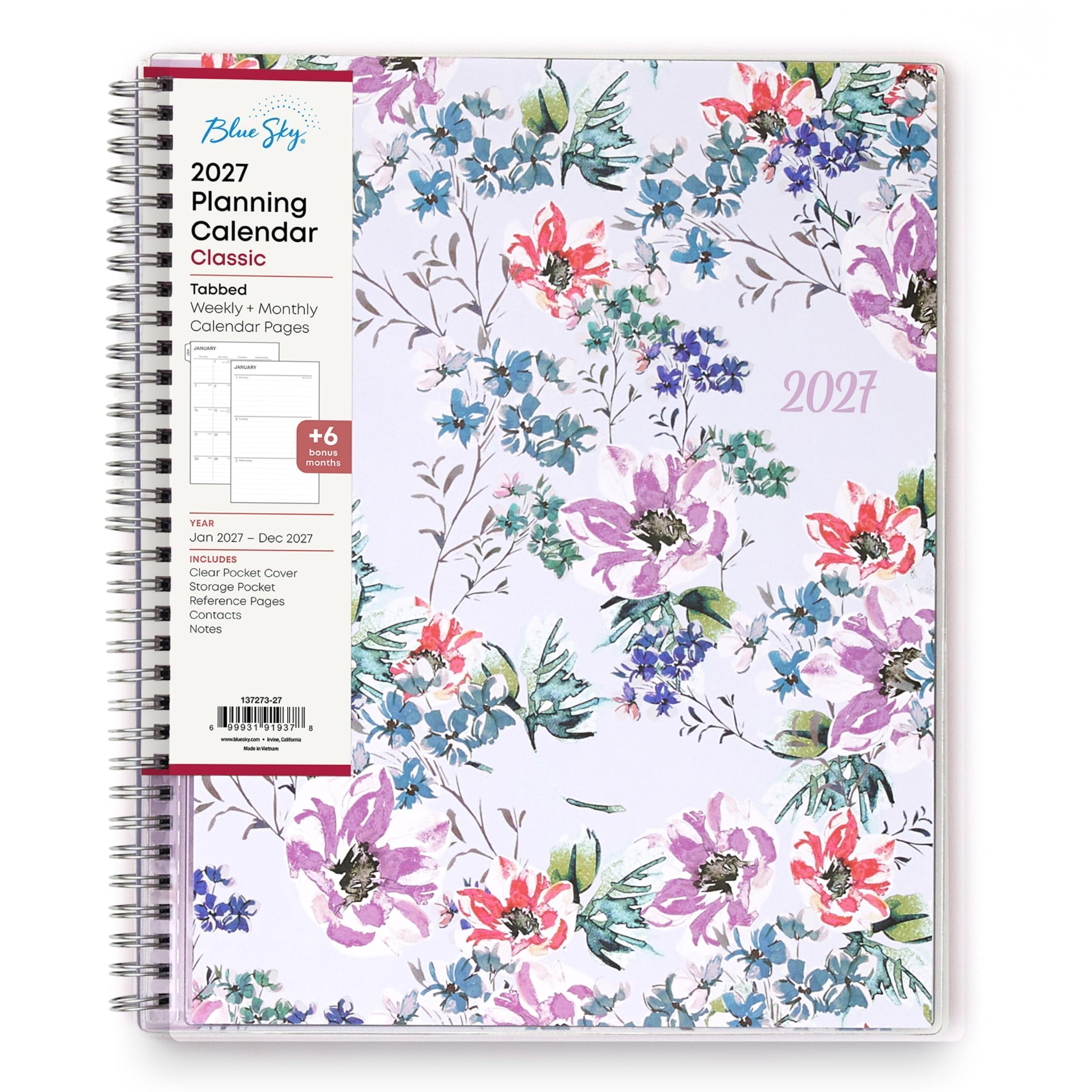 Blue Sky 2027 Planning Calendar Classic  
Tabbed Weekly + Monthly Calendar Pages  
JANUARY  
+6 bonus months  
2027  
YEAR Jan 2027 - Dec 2027  
INCLUDES Clear Pocket Cover Storage Pocket Reference Pages Contacts Notes  
137273-27  
6 99931-91937 8 www.d.com Calleria Redia Vatun
