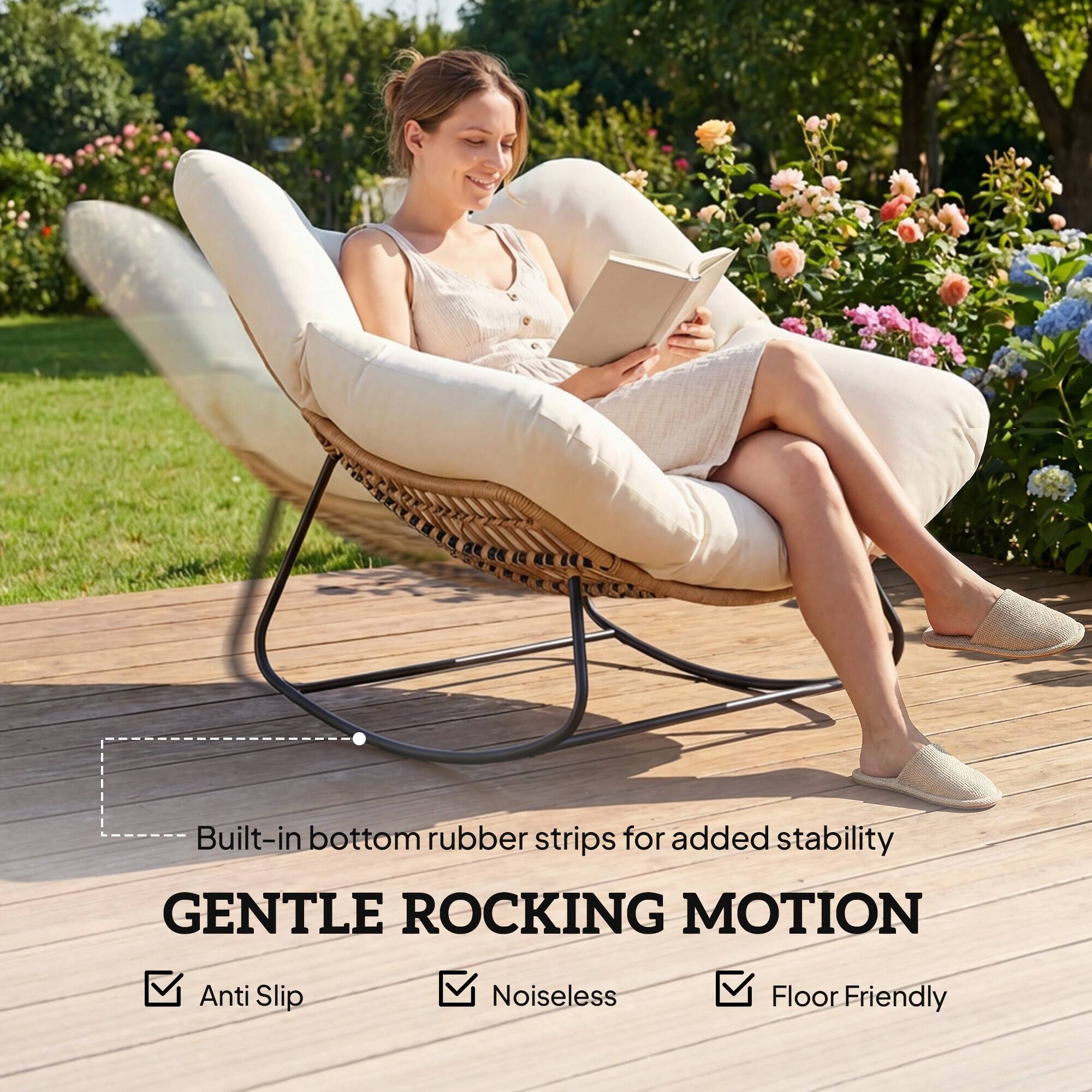 Built-in bottom rubber strips for added stability

GENTLE ROCKING MOTION

- Anti Slip
- Noiseless
- Floor Friendly