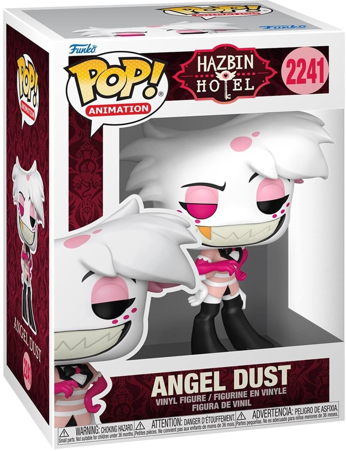 Funko POP! Animation  
HAZBIN HOTEL  
2241  
ANGEL DUST  
VINYL FIGURE / FIGURINE EN VINYLE / FIGURA DE VINIL  

WARNING: CHOKING HAZARD.  
ATTENTION: DANGER D'ÉTOUFFEMENT.  
ADVERTENCIA: PELIGRO DE ASFIXIA.  
D'TOUFFEMENT.  
Ne convient pas aux enfants de moins de 36 mois.  
Not suitable for children under 36 months.  
Petites pièces.  
Pequeñas piezas.  
Partes pequeñas.