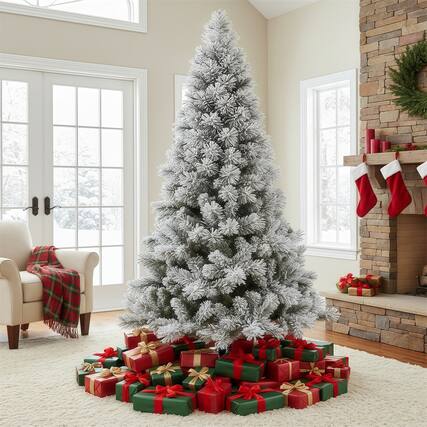 Front. Sweet - 6ft Snow Flocked Spruce Artificial Christmas Tree with 450 Incandescent Warm White Lights, Foldable Stand - White Flocking.