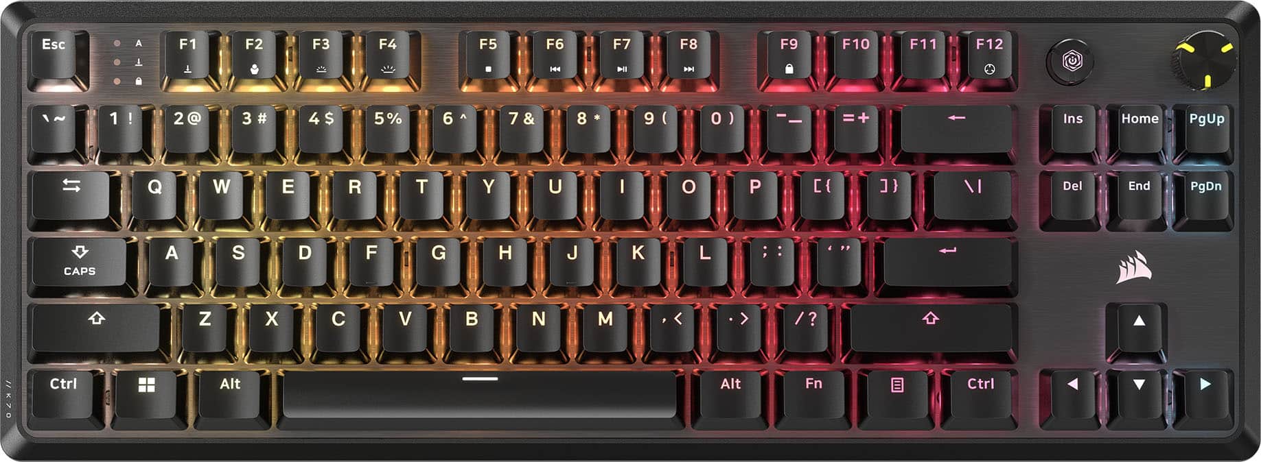 The image shows a close-up of a colorful keyboard with a rainbow theme. The keys are arranged in rows, and the text on the image is grouped as follows:
1. Esc
2. T
3. F1
4. F2
5. F3
6. F4
7. F5
8. F6
9. H
10. N
11. F7
12. F8
13. F9
14. F10
15. F11
16. F12
17. 1
18. 2
19. 3
20. 4
21. $
22. 5%
23. 6
24. A
25. 7
26. 8
27. 9
28. (
29. )
30. -
31. +
32. Ins
33. Home
34. PgUp
35. Q
36. W
37. E
38. R
39. T
40. Y
41. U
42. I
43. O
44. P
45. [{
46. \
47. Del
48. End
49. PgDn
50. CAPS
51. A
52. S
53. D
54. F
55. G
56. H
57. J
58. K
59. L
60. ;
61. Z
62. X
63. V
64. N
65. M
66. <
67. >
68. ?
69. K7
70. Ctrl
71. Alt
72. Fn