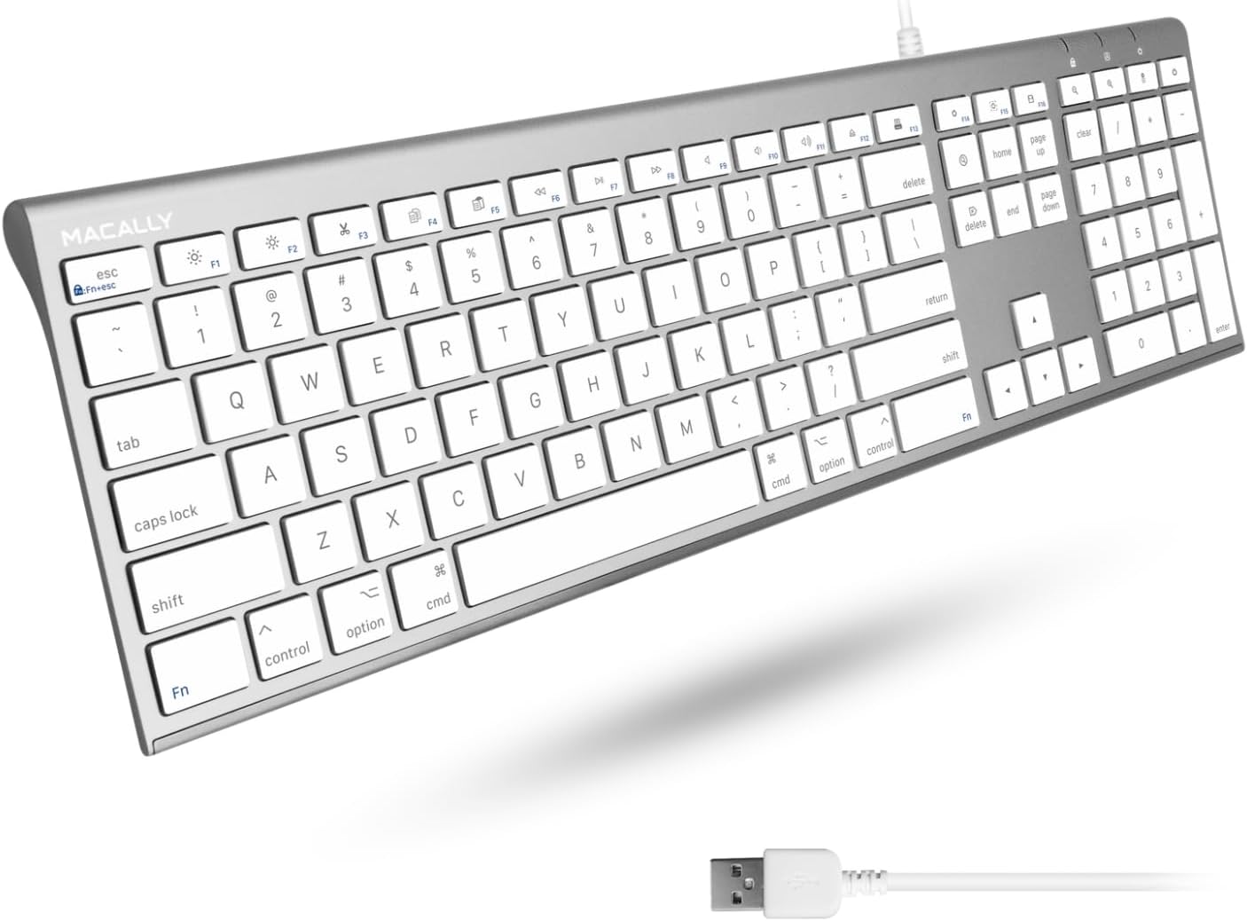 Macally - Ultra Slim USB Wired Computer Keyboard - Compatible Apple Keyboard or Windows - Full Size with 20 Mac Keyboard - Silver