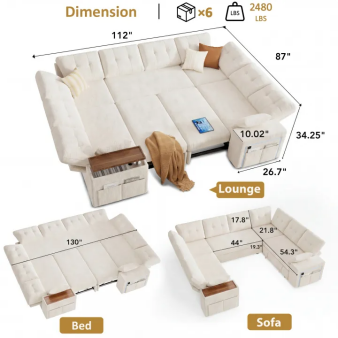 Dimension  
- 112" x 87" x 10.02" x 34.25" x 26.7"  
- 130" x 17.8" x 21.8" x 44" x 19.3" x 54.3"  

Weight: 2480 LBS  

Configuration:  
- Lounge  
- Bed  
- Sofa  

Additional Info:  
- x6 LBS