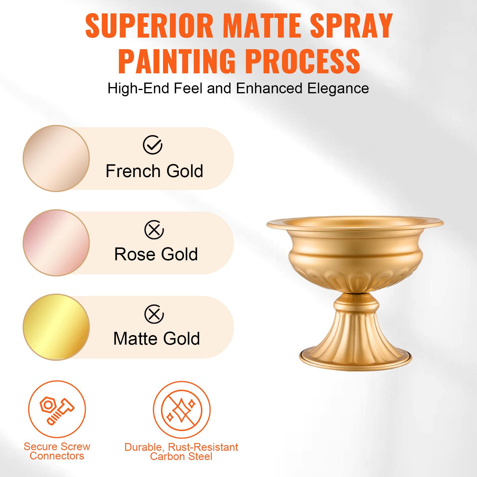 SUPERIOR MATTE SPRAY PAINTING PROCESS  
High-End Feel and Enhanced Elegance  

- French Gold  
- Rose Gold  
- Matte Gold  

Secure Screw Connectors  
Durable, Rust-Resistant Carbon Steel
