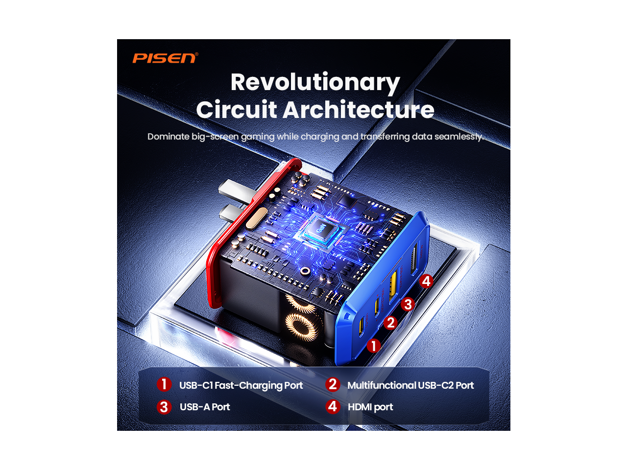 PISEN Revolutionary Circuit Architecture Dominate big-screen gaming while charging and transferring data seamlessly.

USS-CRHON 2
USS-A-SATA 3

1 USB-C1 Fast-Charging Port
2 Multifunctional USB-C2 Port
3 USB-A Port
4 HDMI port