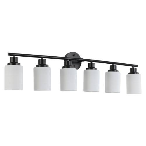 Alt View 3. LUCKY ONE - 39in Wall Mount Vanity Light, 6-Light Black Iron Sconce with Frosted White Glass Shades - Black.