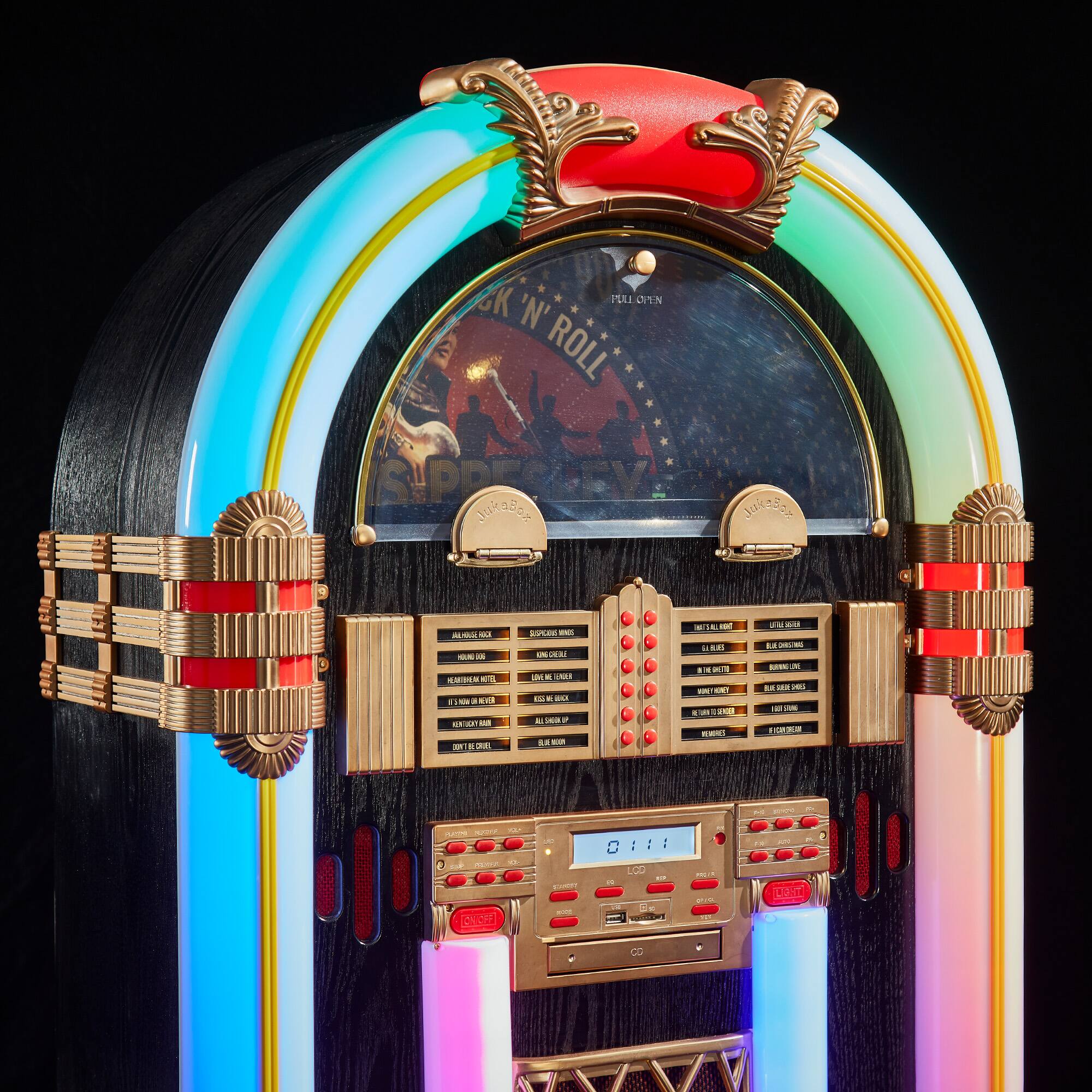 Sure, here is the corrected and grouped text from the image:

---

**Top Section:**
- ROCK 'N ROLL
- Jukebox

**Left Side Buttons:**
- ANOTHER ROCK
- HEAVY METAL
- LOUD ROCK
- 115-1900 METAL
- KENTUCKY FARM
- DON'T TOUCH ME

**Right Side Buttons:**
- TWISTS & BENDS
- BLUE SHADOW
- BLUE BAYOU
- BURNING LINE
- BLUE BAYOU
- I CAN DREAM

**Middle Section:**
- Jukebox
- 0111
- LOG
- CD

**Bottom Section:**
- TUNER
- AUX IN
- USB
- SD
- CD

---