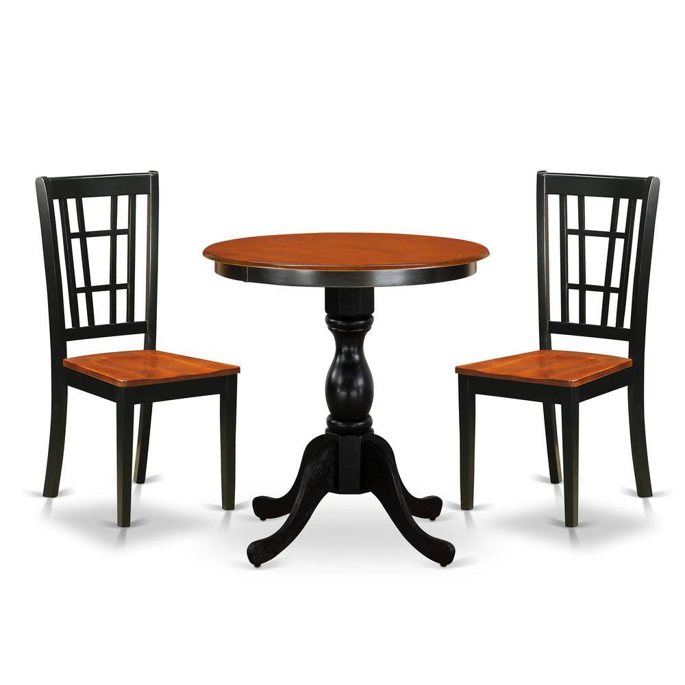 East West Furniture - 3-Piece Dining Table Set Include a Round Dining Table and 2 Wooden Chairs with Slatted Back - Black - Multi-Color