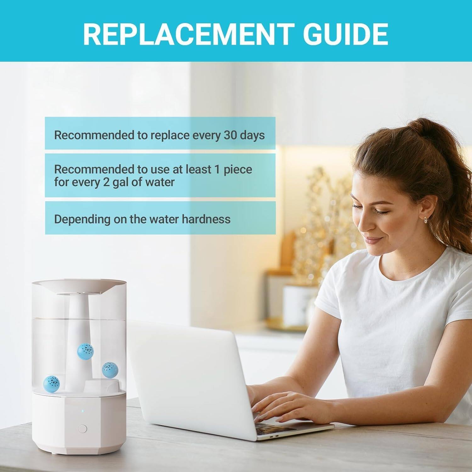 REPLACEMENT GUIDE

Recommended to replace every 30 days

Recommended to use at least 1 piece for every 2 gal of water

Depending on the water hardness