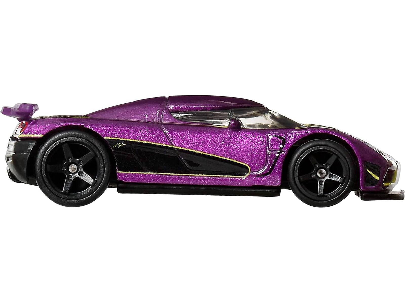 Angle. Hot Wheels - Koenigsegg Agera R Purple Metallic with Black and Yellow Stripes "Timeless Icons" Series Diecast Model Car by Hot Wheels - Purple Metallic with Black, Yellow.