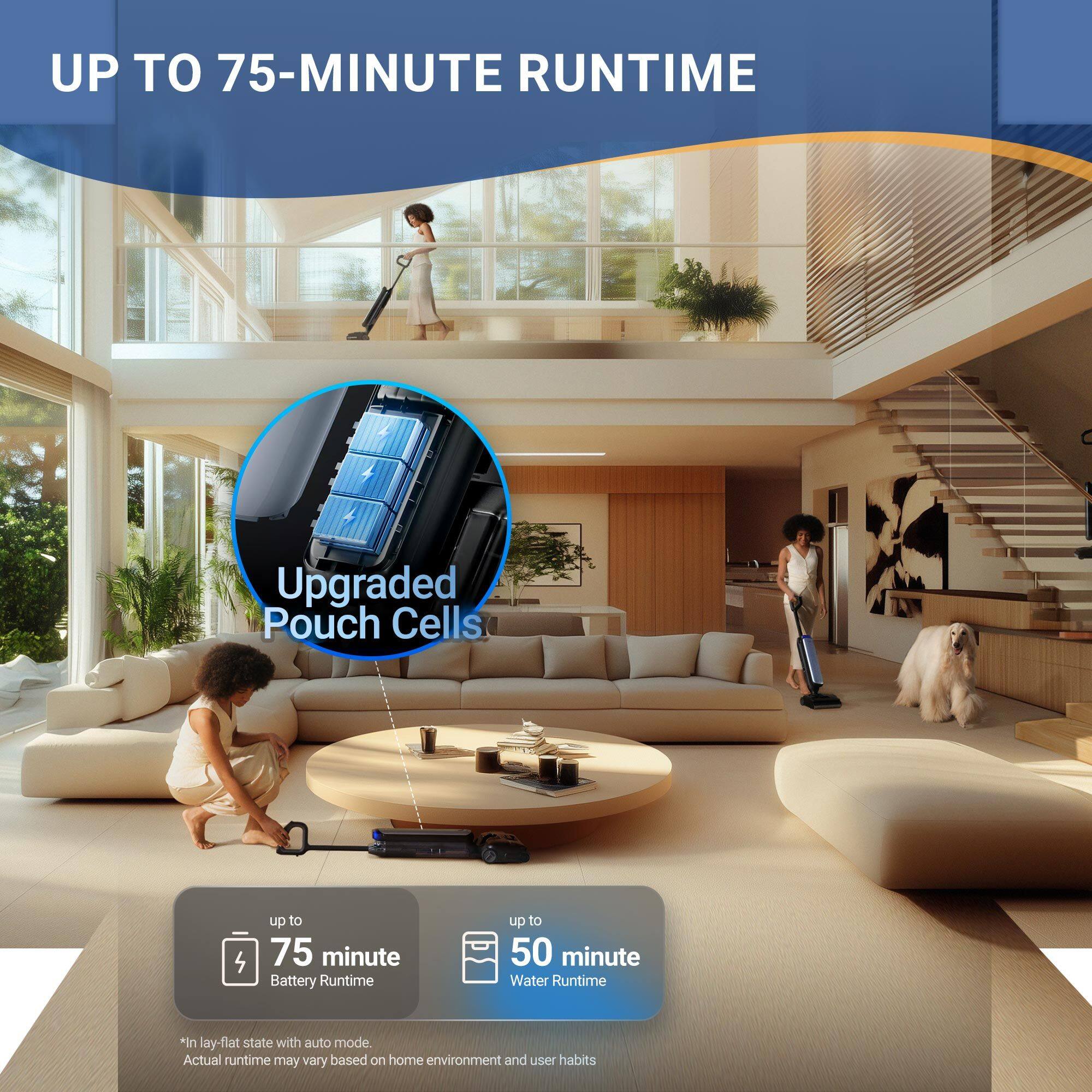 UP TO 75-MINUTE RUNTIME

Upgraded Pouch Cells

- Up to 75 minute Battery Runtime
- Up to 50 minute Water Runtime

*In lay-flat state with auto mode. Actual runtime may vary based on home environment and user habits.