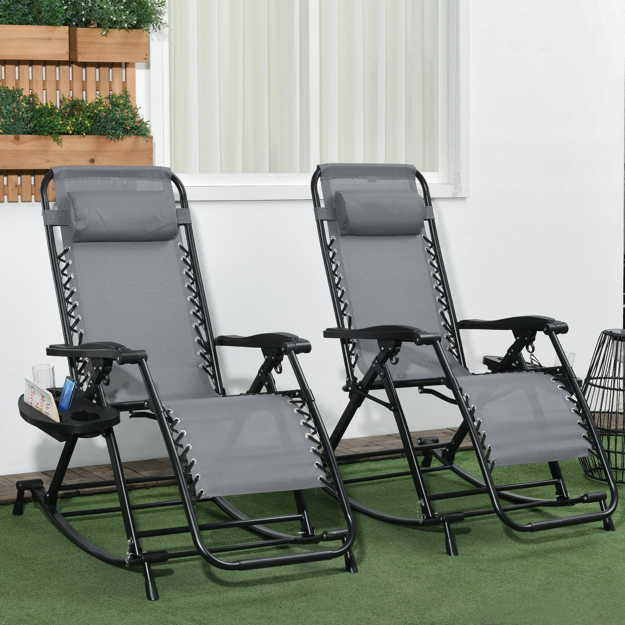 Alt View 1. Outsunny - Set of 2 Outdoor Rocking Chairs, Foldable Reclining Zero Gravity Lounge Rocker with Pillow, Cup & Phone Holder - Gray.