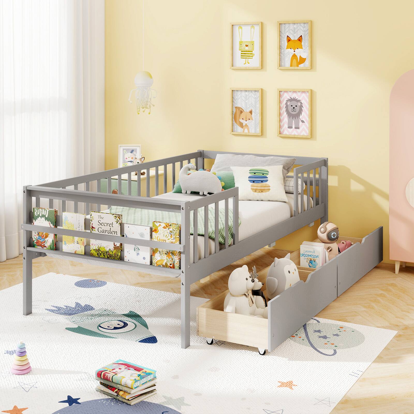 Gymax Twin Size Kids Bed w/Storage 2 Pull out Drawers Side Shelf