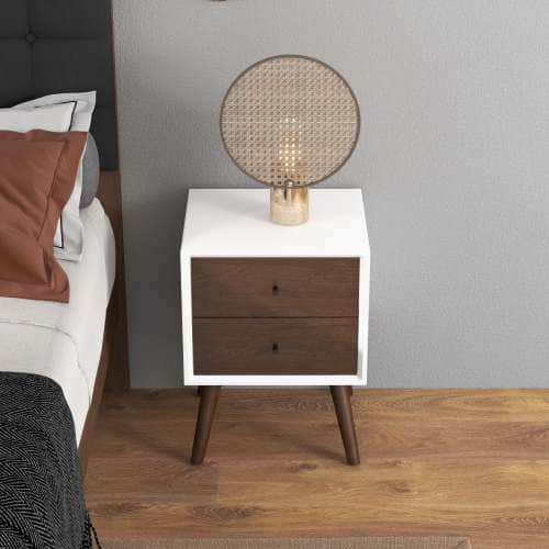 LUCKY ONE - 23.6" Assembled Mid Century Nightstand 2-Drawer Solid Wood Bedside Table - Dark Brown,White