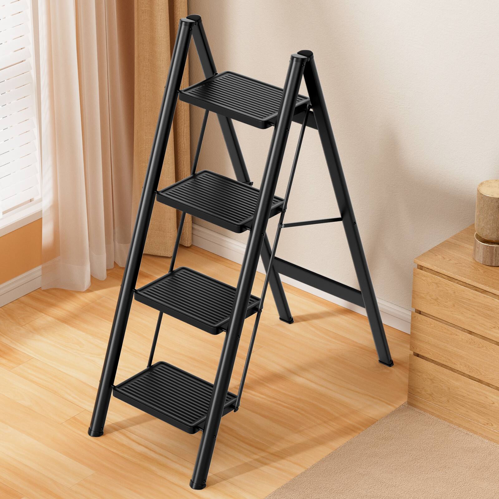 Back. Topteng - 4-Step Folding Ladder, Lightweight Carbon Steel Step Stool - 330lb Capacity, Wide Anti-Slip Pedals, for Home & Car Wash - Black.