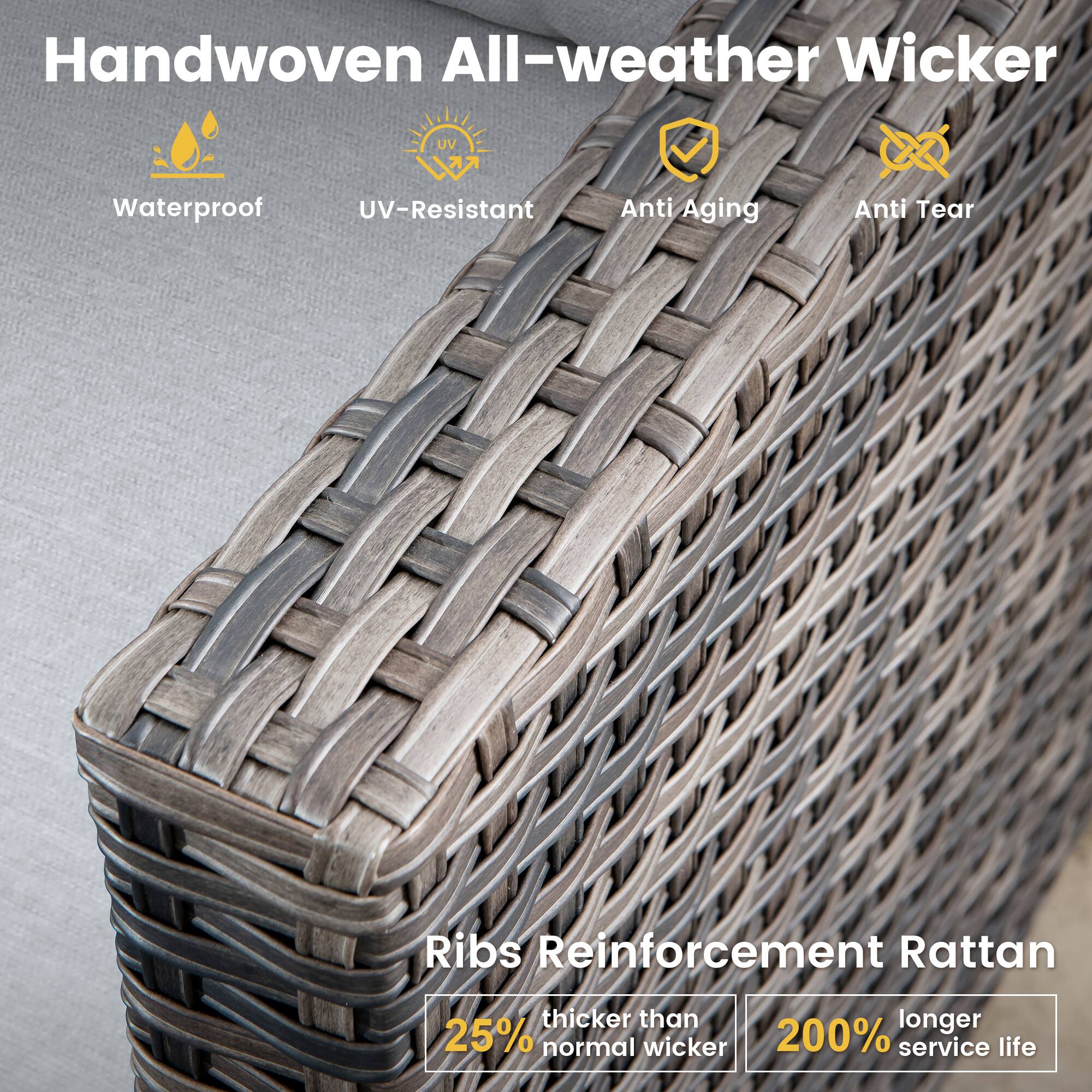 Handwoven All-weather Wicker

- Waterproof
- UV-Resistant
- Anti Aging
- Anti Tear

Ribs Reinforcement Rattan
- Thicker than normal wicker
- 25% thicker
- 200% longer service life