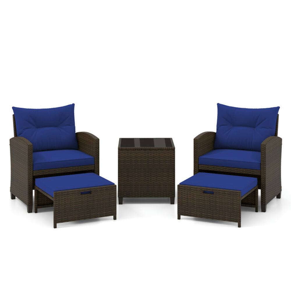 Left. Pefilos - 5-Piece Outdoor Wicker Set with Soft and Cozy Cushions, Furniture Set with 3-in-1 Multifunctional Ottomans and - Blue.