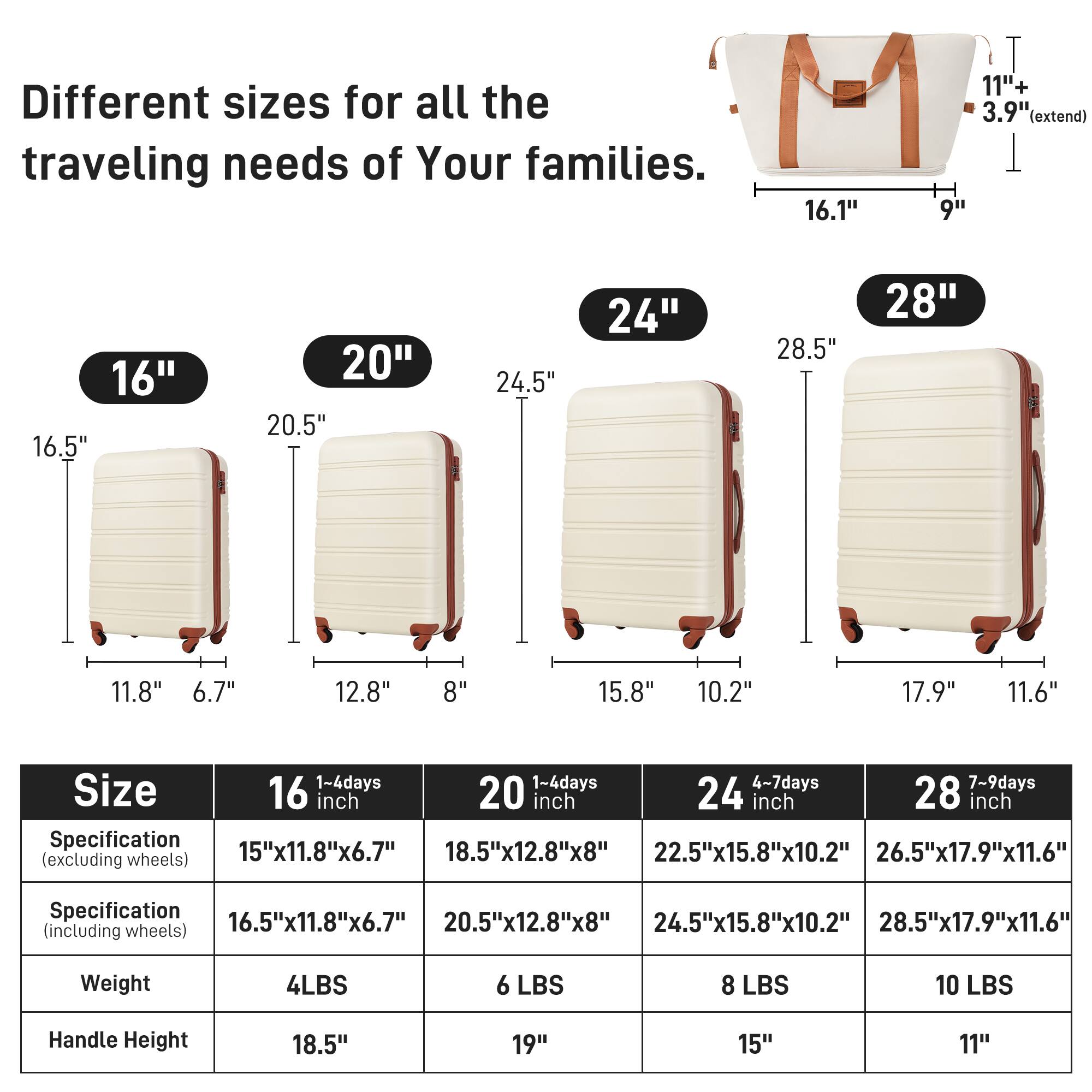 Different sizes for all the traveling needs of Your families.

16"  
16.5"  
11.8"  
6.7"  
18.5"  
19"  

20"  
20.5"  
12.8"  
8"  
20.5"  
20.5"  
12.8"  
8"  

24"  
24.5"  
15.8"  
10.2"  
24.5"  
24.5"  
15.8"  
10.2"  

28"  
28.5"  
17.9"  
11.6"  
28.5"  
28.5"  
17.9"  
11.6"  

Size  
1-4 days  
4-7 days  
7-9 days  

16 inch  
20 inch  
24 inch  
28 inch  

Specification (excluding wheels)  
15"x11.8"x6.7"  
18.5"x12.8"x8"  
22.5"x15.8"x10.2"  
2