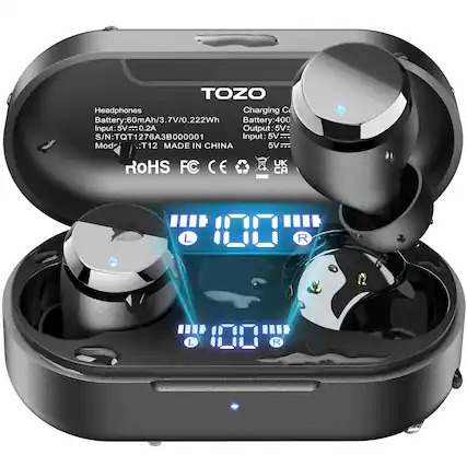 TOZO Headphones Charging Case Battery: 60mAh/3.7V/0.222Wh Battery: 400mAh Input: 5V=0.2A Output: 5V=0.2A S/N: TQT1276A3B000001 Mod: T12 MADE IN CHINA ROHS FC CE UK CA L 110 R L 181 R