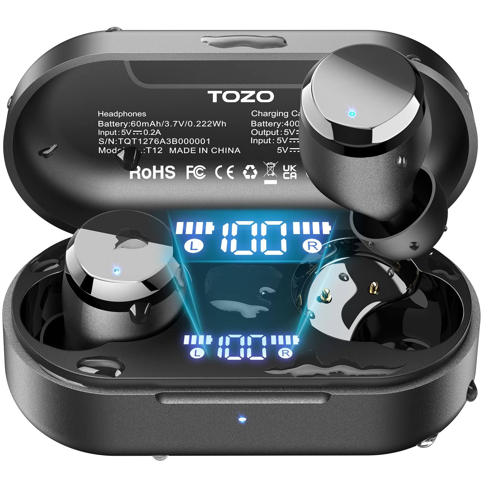 TOZO - T12 Earbuds, Bluetooth 5.3, ENC Mic, 55Hrs, Custom EQ, IPX8, LED, Premium Sound - Black