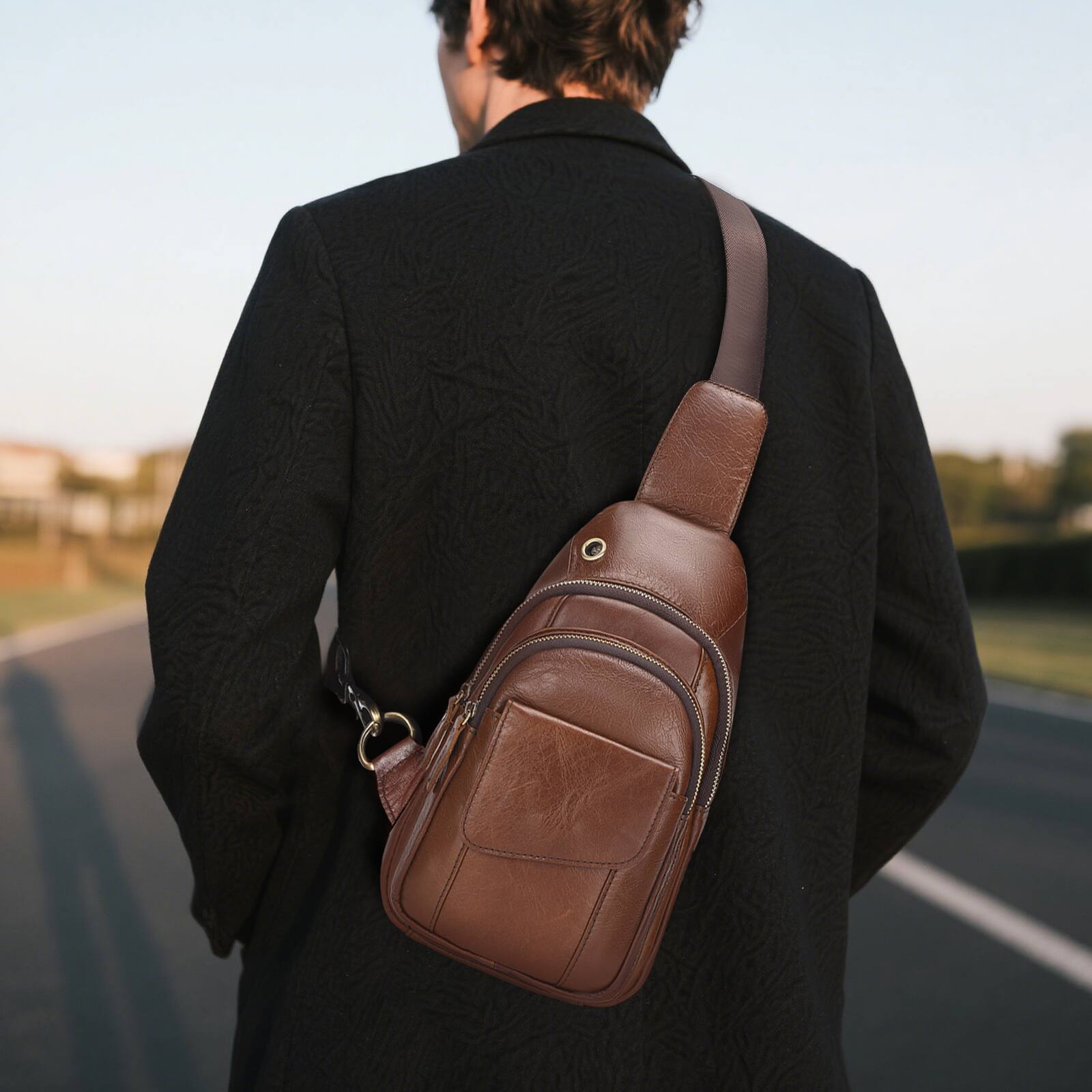 Alt View 4. Unique Bargains - Full-Grain Leather Sling Bag for Men Women Vintage Multi-Pocket Crossbody Bag with Concealed Carry Compartment - Light Brown.