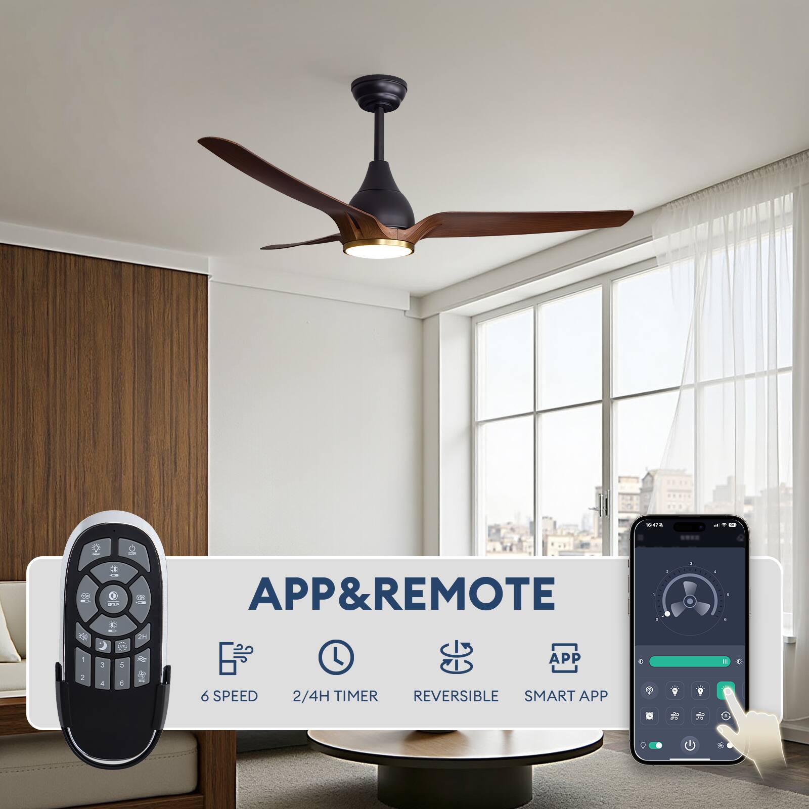 10:47a

APP&REMOTE
APP
2
4
6
6 SPEED
2/4H TIMER REVERSIBLE SMART APP