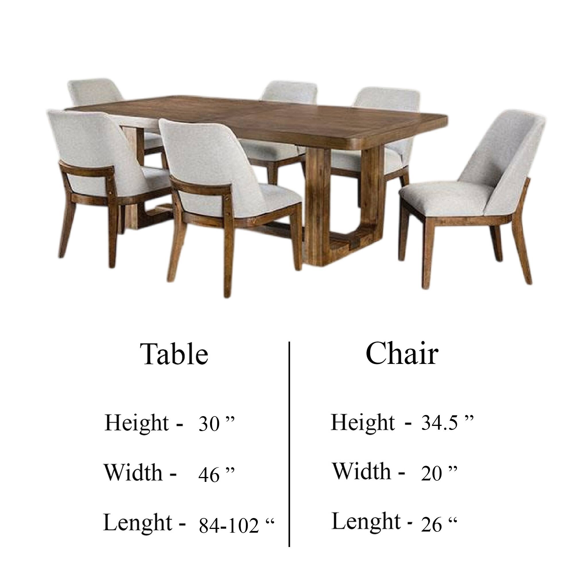 Table  
Height - 30"  
Width - 46"  
Lenght - 84-102"  

Chair  
Height - 34.5"  
Width - 20"  
Lenght - 26"