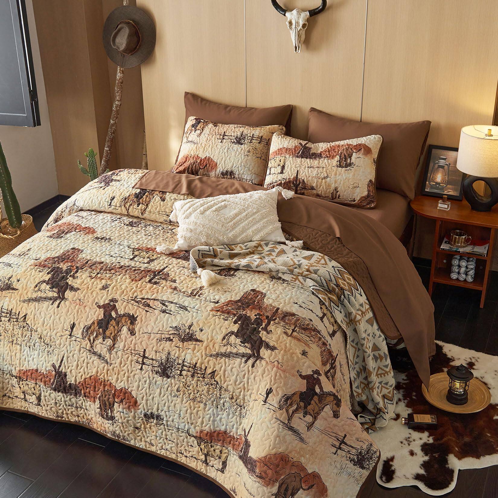Back. PO3TICJUNKI3 - Western Quilt Set Rustic Ranch Life With Cowboy Southwestern Vintage Country Pattern Printed Reversible - Ochre Brown-King.